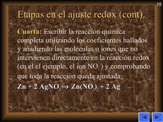 19
Etapas en el ajuste redox (cont).Etapas en el ajuste redox (cont).
Cuarta:Cuarta: Escribir la reacción química
completa utilizando los coeficientes hallados
y añadiendo las moléculas o iones que no
intervienen directamente en la reacción redox
(en el el ejemplo, el ion NO3
–
) y comprobando
que toda la reacción queda ajustada:
Zn + 2 AgNOZn + 2 AgNO33 →→ Zn(NOZn(NO33))22 + 2 Ag+ 2 Ag
 