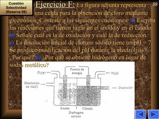 59Ejercicio F:Ejercicio F: La figura adjunta representaLa figura adjunta representa
una celda para la obtención de cloro medianteuna celda para la obtención de cloro mediante
electrólisis. Conteste a las siguientes cuestiones:electrólisis. Conteste a las siguientes cuestiones: a)a) EscribaEscriba
las reacciones que tienen lugar en el ánodo y en el cátodo.las reacciones que tienen lugar en el ánodo y en el cátodo.
b)b) Señale cuál es la de oxidación y cuál la de reducción.Señale cuál es la de oxidación y cuál la de reducción.
c)c) La disolución inicial de cloruro sódico tiene un pH = 7.La disolución inicial de cloruro sódico tiene un pH = 7.
Se produce modificación del pH durante la electrólisis?Se produce modificación del pH durante la electrólisis?
¿Por qué?¿Por qué? d)d) ¿Por qué se obtiene hidrógeno en lugar de¿Por qué se obtiene hidrógeno en lugar de
sodio metálico?sodio metálico?
Cuestión
Selectividad
(Reserva 98)
Cuestión
Selectividad
(Reserva 98)
 
