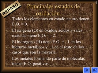 6
Principales estados dePrincipales estados de
oxidación.oxidación.
Todos los elementos en estado neutro tienen
E.O. = 0.
El oxígeno (O) en óxidos, ácidos y sales
oxácidas tiene E.O. = –2.
El hidrógeno (H) tiene E.O. = –1 en los
hidruros metálicos y +1 en el resto de los
casos que son la mayoría.
Los metales formando parte de moléculas
tienen E.O. positivos.
REPASO
REPASO
 