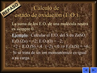 7
Cálculo deCálculo de
estado de oxidación (E.O.).estado de oxidación (E.O.).
La suma de los E.O. de una molécula neutra
es siempre 0.
EjemploEjemplo: Calcular el E.O. del S en ZnSO4
E.O.(Zn) = +2; E.O.(O) = –2;
+2 + E.O.(S) + 4 · (–2) = 0 ⇒ E.O.(S) = +6
Si se trata de un ion monoatómico es igual
a su carga.
REPASO
REPASO
 