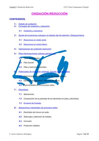 Unidad 5: Oxidación-Reducción I.E.S. Clara Campoamor (Getafe)
OXIDACIÓN-REDUCCIÓN
CONTENIDOS.
1.- Estado de oxidación.
2.- Concepto de oxidación y reducción.
2.1. Oxidantes y reductores.
3.- Ajuste de ecuaciones redoxpor el método del ión-electrón. Estequiometría.
3.1. Reacciones en medio ácido.
3.2. Reacciones en medio básico.
4.- Valoraciones de oxidación-reducción.
5.- Pilas electroquímicas (células galvánicas).
5.1. Tipos de electrodos.
5.2. Pilas Daniell
5.3. Pilas y baterías comerciales.
6.- Potenciales de reducción estándar. Escala de potenciales.
6.1. Determinación del voltaje de una pila electroquímica.
6.2. Electrodo de hidrógeno. Pilas con hidrógeno.
6.3. Espontaneidad de los procesos redox.
7.- Electrólisis.
7.1. Aplicaciones.
7.2. Comparación de la polaridad de los electrodos en pilas y electrólisis.
7.3. Ecuación de Faraday.
8.- Aplicaciones industriales de procesos redox:
8.1. Electrólisis del cloruro de sodio.
8.2. Siderurgia y obtención de metales.
8.3. Corrosión.
8.4. Protección catódica.
F. Javier Gutiérrez Rodríguez Página 1 de 20
 