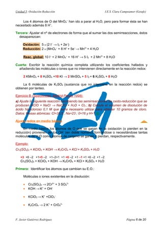 Unidad 5: Oxidación-Reducción I.E.S. Clara Campoamor (Getafe)
Los 4 átomos de O del MnO4
–
han ido a parar al H2O, pero para formar ésta se han
necesitado además 8 H+
.
Tercera: Ajustar el nº de electrones de forma que al sumar las dos semirreacciones, éstos
desaparezcan:
Oxidación: 5 x (2 I–
→ I2 + 2e–
)
Reducción: 2 x (MnO4
–
+ 8 H+
+ 5e–
→ Mn2+
+ 4 H2O
Reac. global: 10 I–
+ 2 MnO4
–
+ 16 H+
→ 5 I2 + 2 Mn2+
+ 8 H2O
Cuarta: Escribir la reacción química completa utilizando los coeficientes hallados y
añadiendo las moléculas o iones que no intervienen directamente en la reacción redox:
2 KMnO4 + 8 H2SO4 +10 KI → 2 MnSO4 + 5 I2 + 6 K2SO4 + 8 H2O
La 6 moléculas de K2SO4 (sustancia que no interviene en la reacción redox) se
obtienen por tanteo.
Ejercicio B (Selectividad. Madrid Previo 1998):
a) Ajuste la siguiente reacción escribiendo las semirreacciones de oxido-reducción que se
producen HClO + NaCl → NaClO + H2O + Cl2 ; b) Calcule el volumen de disolución de
ácido hipocloroso 0,1 M que sería necesario utilizar para obtener 10 gramos de cloro.
Datos: Masas atómicas: Cl=35,5 ; Na=23 ; 0=16 y H=1 
Ajuste redox en medio básico
En medio básico los átomos de O que se ganan en la oxidación (o pierden en la
reducción) provienen de los OH–
(en doble número), formándose o necesitándose tantas
moléculas de H2O como átomos de oxígeno se ganen o pierdan, respectivamente.
Ejemplo:
Cr2(SO4)3 + KClO3 + KOH → K2CrO4 + KCl + K2SO4 + H2O
+3 +6 –2 +1+5 –2 +1–2+1 +1 +6 –2 +1 –1 +1 +6 –2 +1 –2
Cr2(SO4)3 + KClO3 + KOH → K2CrO4 + KCl + K2SO4 + H2O
Primera: Identificar los átomos que cambian su E.O.:
Moléculas o iones existentes en la disolución:
• Cr2(SO4)3 → 2Cr3+
+ 3 SO4
2–
• KOH → K+
+ OH–
• KClO3 → K+
+ClO3
–
• K2CrO4 → 2 K+
+ CrO4
2–
F. Javier Gutiérrez Rodríguez Página 6 de 20
 