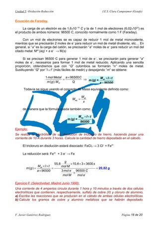 Unidad 5: Oxidación-Reducción I.E.S. Clara Campoamor (Getafe)
Ecuación de Faraday.
La carga de un electrón es de 1,6x10–19
C y la de 1 mol de electrones (6,02x1023
) es
el producto de ambos números: 96500 C, conocido normalmente como 1 F (Faraday).
Con un mol de electrones se es capaz de reducir 1 mol de metal monovalente,
mientras que se precisarán 2 moles de e–
para reducir un mol de metal divalente, etc… En
general, si “a” es la carga del catión, se precisarán “a” moles de e–
para reducir un mol del
citado metal: Ma+
(aq) + a e–
→ M(s)
Si se precisan 96500 C para generar 1 mol de e–
, se precisarán para generar “a”
moles de e–
, necesarios para formar 1 mol de metal reducido. Aplicando una sencilla
proporción, obtendremos que con “Q” culombios se formarán “n” moles de metal.
Sustituyendo “Q” por “I x t” (más fáciles de medir) y despejando “m” se obtiene:
1 96500
( ) at
mol Metal a C
m g M Q
×
= ⇒ × ×
×
atM I t
m(g) =
a 96500
Todavía se sigue usando el concepto de Masa equivalente definido como:
= at
eq
M
M
x
de manera que la fórmula queda también como:
× ×eqM I t
m(g) =
96500
Ejemplo:
Se realiza la electrólisis de un disolución de tricloruro de hierro, haciendo pasar una
corriente de 10 A durante 3 horas. Calcula la cantidad de hierro depositado en el cátodo.
El tricloruro en disolución estará disociado: FeCl3 → 3 Cl–
+ Fe3+
La reducción será: Fe3+
+ 3 e–
→ Fe
−
−
× × ×
× ×
= = =
×
×
55,8 10 3 3600
( )
3 9650096500
at
g
A s
M I t mol M
m g
mol e Ca
mol M mol e
20,82 g
Ejercicio F (Selectividad. Madrid Junio 1998):
Una corriente de 4 amperios circula durante 1 hora y 10 minutos a través de dos células
electrolíticas que contienen, respectivamente, sulfato de cobre (II) y cloruro de aluminio,
a) Escriba las reacciones que se producen en el cátodo de ambas células electrolíticas.
b) Calcule los gramos de cobre y aluminio metálicos que se habrán depositado.
F. Javier Gutiérrez Rodríguez Página 18 de 20
 