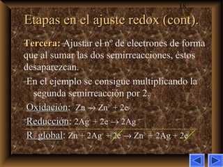 18
Etapas en el ajuste redox (cont).Etapas en el ajuste redox (cont).
Tercera:Tercera: Ajustar el nº de electrones de forma
que al sumar las dos semirreacciones, éstos
desaparezcan.
En el ejemplo se consigue multiplicando la
segunda semirreacción por 2.
OxidaciónOxidación: Zn → Zn2+
+ 2e–
ReducciónReducción: 2Ag+
+ 2e–
→ 2Ag
R. globalR. global:: Zn + 2Ag+
+ 2e–
→ Zn2+
+ 2Ag + 2e–
 