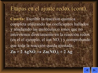19
Etapas en el ajuste redox (cont).Etapas en el ajuste redox (cont).
Cuarta:Cuarta: Escribir la reacción química
completa utilizando los coeficientes hallados
y añadiendo las moléculas o iones que no
intervienen directamente en la reacción redox
(en el el ejemplo, el ion NO3
–
) y comprobando
que toda la reacción queda ajustada:
Zn + 2 AgNOZn + 2 AgNO33 →→ Zn(NOZn(NO33))22 + 2 Ag+ 2 Ag
 
