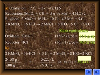 34
a) Oxidación: (2 Cl–
– 2 e–
→ Cl2)·5
Reducción: (MnO4
–
+ 8 H+
+ 5 e–
→ Mn2+
+ 4 H2O)·2
R. global: 2 MnO4
–
+ 16 H+
+ 10 Cl–
→ 2 Mn2+
+ 5 Cl2
2 KMnO4 + 16 HCl → 2 MnCl2 + 8 H2O + 5 Cl2 +2 KCl
Masa equivalenteMasa equivalente
Oxidante: KMnO4 (158/5) g/eq = 31,6 g/eq31,6 g/eq
Reductor: HCl (36,5/1) g/eq = 36,5 g /eq36,5 g /eq
b)
2 KMnO4 + 16 HCl → 5 Cl2 + 2 MnCl2 + 8 H2O +2 KCl
2·158 g 5·22,4 L
———— = ———— ⇒ V(Cl2) = 35,44 L35,44 L
100 g V(Cl2)
 