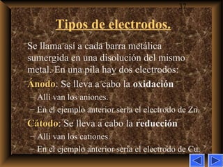 37
Tipos de electrodos.
Se llama así a cada barra metálica
sumergida en una disolución del mismo
metal. En una pila hay dos electrodos:
ÁnodoÁnodo: Se lleva a cabo la oxidación
– Allí van los aniones.
– En el ejemplo anterior sería el electrodo de Zn.
CátodoCátodo: Se lleva a cabo la reducción
– Allí van los cationes.
– En el ejemplo anterior sería el electrodo de Cu.
 
