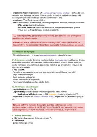 - Impetrante: ​1) ​partido político no CN​ (desnecessária pertinência temática) ​→ defesa de seus
membros e da finalidade partidária; 2) ​organização sindical; 3) entidade de classe; e 4)
associação legalmente constituída e em funcionamento +1 ano.
-​ ​Impetrado: ​PP ou PJ de caráter público.
- Tema: ​relacionado à sua finalidade, cabendo para pleitear direito de parte dos associados.
STJ e Lenza:​ quanto à finalidade.
Alexandre de Morais:​ direito dos associados, independentemente de guardar
vínculo com os fins próprios da entidade impetrante.
TCU pode impetrar MS, por ser órgão independente, para defender suas prerrogativas
constitucionais e institucionais.
Súmula 629, STF​:​ A impetração de mandado de segurança coletivo por entidade de
classe em favor dos associados independe da autorização destes ​(substituição processual)​.
04. Mandado de Injunção:
- Obrigatório advogado + oneroso ​(pagamento de custas)​ + não cabe liminar.
4.1. Cabimento: ​omissão de norma regulamentadora ​(total ou parcial)​, inviabilizando direitos
e liberdades relativas à nacionalidade, soberania e cidadania, quando houver dever de
regular normas de eficácia limitada de princípio institutivo OU programático vinculado ao
princípio da legalidade.
a) Não cabe MI:
- Para alterar norma existente, na qual seja alegada incompatibilidade com a CF;
- Exigir certa interpretação;
- Exigir aplicação justa da lei;
- Norma considerada autoaplicável;
- Para regular situação pretérita à edição da lei.
4.2. Titularidade x Legitimação:
- Legitimidade ativa:​ PF e PJ.
- Legitimidade passiva: ​Pessoa estatal com poder de editar normas.
Ausência de lei federal:​ regra → CN; ​exceção →​ iniciativa privativa do PR.
- Impetrante:​ qualquer um ​(coletivo → mesmos do MS)​; ​Impetrado:​ PP; ​Paciente: ​qualquer
um.
Compete ao STF​ o mandado de injunção, quando a elaboração da norma
regulamentadora for atribuição do PR, do CN, da CD, do SF, das Mesas de uma dessas
Casas Legislativas, do TCU, de um dos Tribunais Superiores, ou do próprio STF.
4.3. Efeitos da decisão:
a) Não concretista:​ apenas declara a mora do PL.
b) Concretista:
- Geral: ​efeito erga omnes.
 