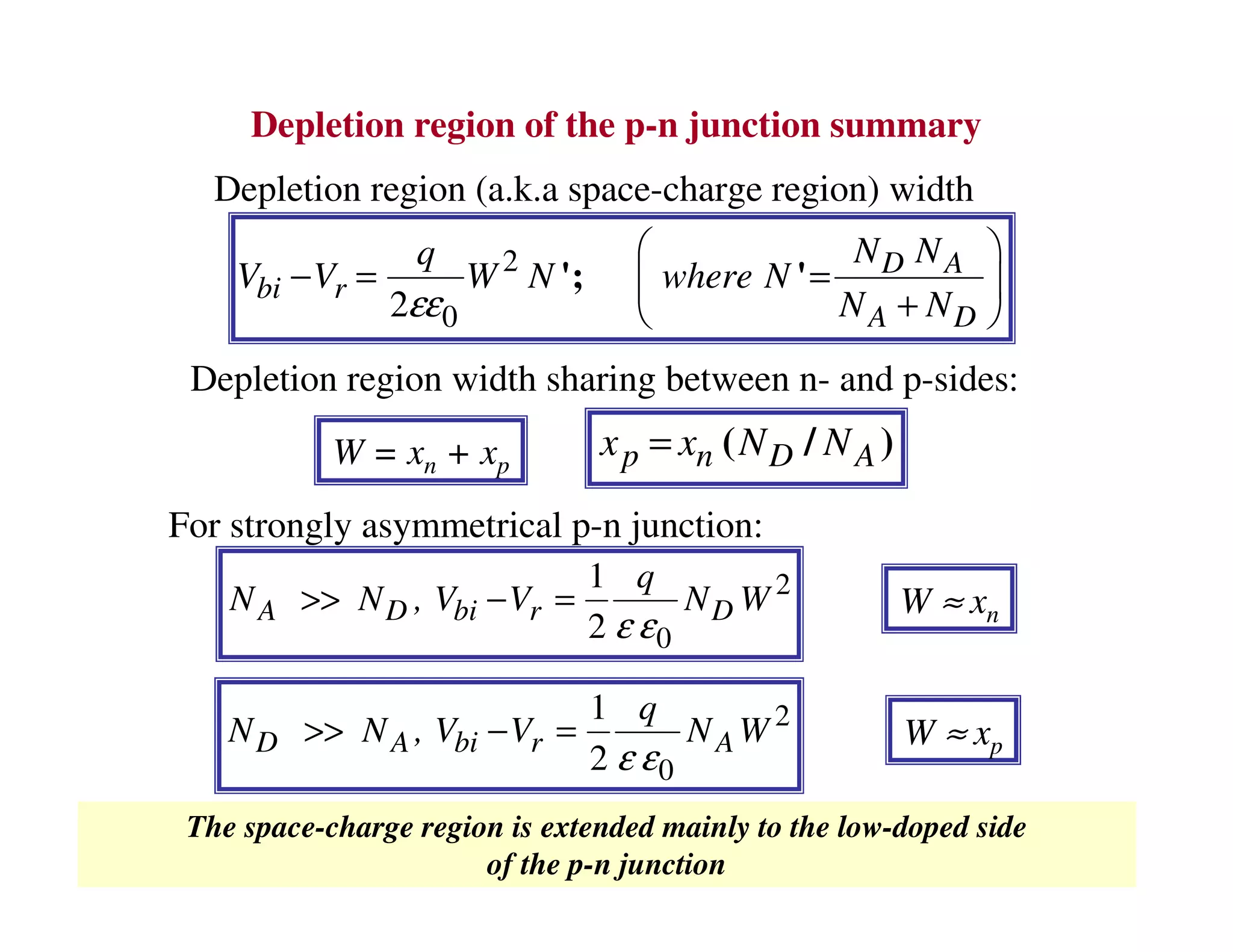 Depletion region (a.k.a space-charge region) width
Depletion region of the p-n junction summary
2
02
D A
bi r
A D
N Nq
V V W N where N
N N
'; '
εε
 
− = = 
+ 
2
0
1
2A D bi r D
q
N N , V V N W
ε ε
>> − =
For strongly asymmetrical p-n junction:
2
0
1
2D A bi r A
q
N N , V V N W
ε ε
>> − =
The space-charge region is extended mainly to the low-doped side
of the p-n junction
Depletion region width sharing between n- and p-sides:
p n D Ax x N N( / )=W = xn + xp
W ≈ xn
W ≈ xp
 
