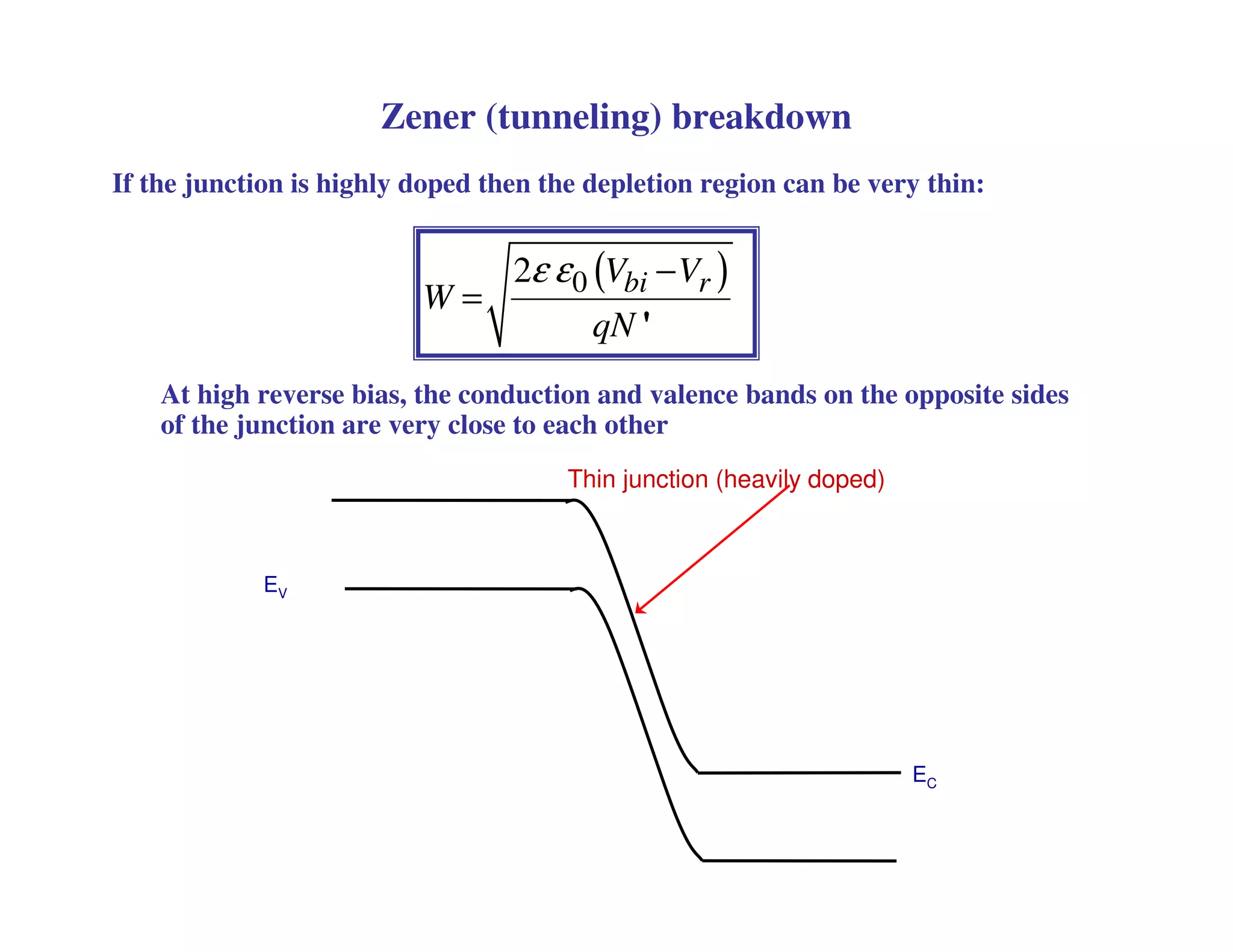 Zener (tunneling) breakdown
If the junction is highly doped then the depletion region can be very thin:
EV
EC
Thin junction (heavily doped)
( )02 bi rV V
W
qN
ε ε −
=
'
At high reverse bias, the conduction and valence bands on the opposite sides
of the junction are very close to each other
 