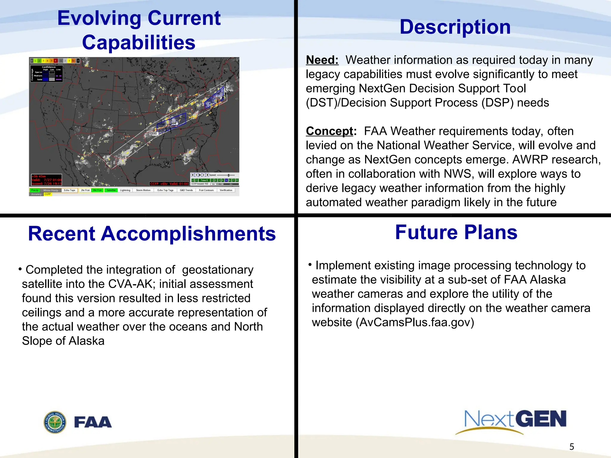 Future Plans
• Implement existing image processing technology to
estimate the visibility at a sub-set of FAA Alaska
weather cameras and explore the utility of the
information displayed directly on the weather camera
website (AvCamsPlus.faa.gov)
Evolving Current
Capabilities
Description
Need: Weather information as required today in many
legacy capabilities must evolve significantly to meet
emerging NextGen Decision Support Tool
(DST)/Decision Support Process (DSP) needs
Concept: FAA Weather requirements today, often
levied on the National Weather Service, will evolve and
change as NextGen concepts emerge. AWRP research,
often in collaboration with NWS, will explore ways to
derive legacy weather information from the highly
automated weather paradigm likely in the future
Recent Accomplishments
• Completed the integration of geostationary
satellite into the CVA-AK; initial assessment
found this version resulted in less restricted
ceilings and a more accurate representation of
the actual weather over the oceans and North
Slope of Alaska
5
 
