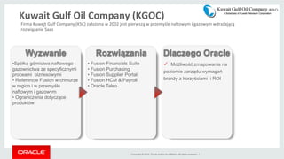 Copyright	
 ©	
 2014,	
 Oracle	
 and/or	
 its	
 aﬃliates.	
 All	
 rights	
 reserved.	
 	
 |	
 
ü  Możliwość zmapowania na
poziomie zarządu wymagań
branży z korzyściami i ROI
• Spółka górnictwa naftowego i
gazownictwa ze specyficznymi
proceami biznesowymi
• Referencje Fusion w chmurze
w region i w przemyśle
naftowym i gazowym
• Ograniczenia dotyczące
produktów
• Fusion Financials Suite
• Fusion Purchasing
• Fusion Supplier Portal
• Fusion HCM & Payroll
• Oracle Taleo
Wyzwanie Rozwiązania Dlaczego Oracle
Firma	
 Kuwejt	
 Gulf	
 Company	
 (KSC)	
 założona	
 w	
 2002	
 jest	
 pierwszą	
 w	
 przemyśle	
 nanowym	
 i	
 gazowym	
 wdrażającą	
 
rozwiązanie	
 Saas	
 
Kuwait	
 Gulf	
 Oil	
 Company	
 (KGOC)	
 
 