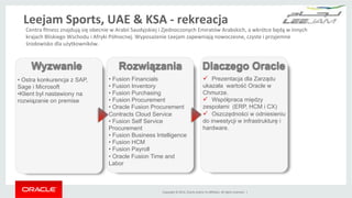 Copyright	
 ©	
 2014,	
 Oracle	
 and/or	
 its	
 aﬃliates.	
 All	
 rights	
 reserved.	
 	
 |	
 
ü  Prezentacja dla Zarządu
ukazała wartość Oracle w
Chmurze.
ü  Współpraca między
zespołami (ERP, HCM i CX)
ü  Oszczędności w odniesieniu
do inwestycji w infrastrukturę i
hardware.
• Ostra konkurencja z SAP,
Sage i Microsoft
• Klient był nastawiony na
rozwiązanie on premise
• Fusion Financials
• Fusion Inventory
• Fusion Purchasing
• Fusion Procurement
• Oracle Fusion Procurement
Contracts Cloud Service
• Fusion Self Service
Procurement
• Fusion Business Intelligence
• Fusion HCM
• Fusion Payroll
• Oracle Fusion Time and
Labor
Wyzwanie Rozwiązania Dlaczego Oracle
Centra	
 ﬁtness	
 znajdują	
 się	
 obecnie	
 w	
 Arabii	
 Saudyjskiej	
 i	
 Zjednoczonych	
 Emiratów	
 Arabskich,	
 a	
 wkrótce	
 będą	
 w	
 innych	
 
krajach	
 Bliskiego	
 Wschodu	
 i	
 Afryki	
 Północnej.	
 Wyposażenie	
 Leejam	
 zapewniają	
 nowoczesne,	
 czyste	
 i	
 przyjemne	
 
środowisko	
 dla	
 użytkowników.	
 
Leejam	
 Sports,	
 UAE	
 &	
 KSA	
 -­‐	
 rekreacja	
 
 