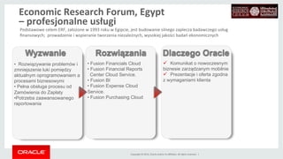 Copyright	
 ©	
 2014,	
 Oracle	
 and/or	
 its	
 aﬃliates.	
 All	
 rights	
 reserved.	
 	
 |	
 
ü  Komunikat o nowoczesnym
biznesie zarządzanym mobilnie
ü  Prezentacje i oferta zgodna
z wymaganiami klienta
•  Rozwiązywanie problemów i
zmniejszenie luki pomiędzy
aktualnym oprogramowaniem a
procesami biznesowymi
• Pełna obsługa procesu od
Zamówienia do Zapłaty
• Potrzeba zaawansowanego
raportowania
• Fusion Financials Cloud
• Fusion Financial Reports
Center Cloud Service.
• Fusion BI
• Fusion Expense Cloud
Service.
• Fusion Purchasing Cloud
Wyzwanie Rozwiązania Dlaczego Oracle
Podstawowe	
 celem	
 ERF,	
 założone	
 w	
 1993	
 roku	
 w	
 Egipcie,	
 jest	
 budowanie	
 silnego	
 zaplecza	
 badawczego	
 usług	
 
ﬁnansowych;	
 	
 prowadzenie	
 i	
 wspieranie	
 tworzenia	
 niezależnych,	
 wysokiej	
 jakości	
 badań	
 ekonomicznych	
 
Economic	
 Research	
 Forum,	
 Egypt	
 	
 
–	
 profesjonalne	
 usługi	
 
 