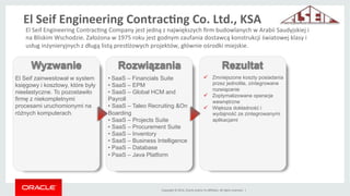 Copyright	
 ©	
 2014,	
 Oracle	
 and/or	
 its	
 aﬃliates.	
 All	
 rights	
 reserved.	
 	
 |	
 
ü  Zmniejszone koszty posiadania
przez jednolite, zintegrowane
rozwiązanie
ü  Zoptymalizowane operacje
wewnętrzne
ü  Większa dokładność i
wydajność ze zintegrowanymi
aplikacjami
El Seif zainwestował w system
księgowy i kosztowy, które były
nieelastyczne. To pozostawiło
firmę z niekompletnymi
procesami uruchomionymi na
różnych komputerach.
• 	
 SaaS – Financials Suite
• SaaS – EPM
• SaaS – Global HCM and
Payroll
• SaaS – Taleo Recruiting &On
Boarding
• SaaS – Projects Suite
• SaaS – Procurement Suite
• SaaS – Inventory
• SaaS – Business Intelligence
• PaaS – Database
• PaaS – Java Platform
Wyzwanie Rozwiązania Rezultat
El	
 Seif	
 Engineering	
 ContracMng	
 Company	
 jest	
 jedną	
 z	
 największych	
 ﬁrm	
 budowlanych	
 w	
 Arabii	
 Saudyjskiej	
 i	
 
na	
 Bliskim	
 Wschodzie.	
 Założona	
 w	
 1975	
 roku	
 jest	
 godnym	
 zaufania	
 dostawcą	
 konstrukcji	
 światowej	
 klasy	
 i	
 
usług	
 inżynieryjnych	
 z	
 długą	
 listą	
 presMżowych	
 projektów,	
 głównie	
 ośrodki	
 miejskie.	
 
El	
 Seif	
 Engineering	
 ContracTng	
 Co.	
 Ltd.,	
 KSA	
 
 