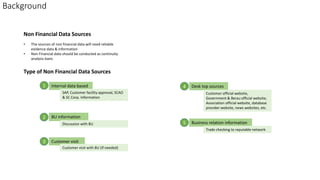 Non Financial Data Sources
BU information
Business relation information
Customer visit
Desk top sources
Internal data based
SAP, Customer facility approval, SCAO
& SC Corp. Information
Customer official website,
Government & Berau official website,
Association official website, database
provider website, news websites, etc.
Discussion with BU
Customer visit with BU (if needed)
Trade checking to reputable network
1
2
3
4
5
• The sources of non financial data will need reliable
evidence data & information
• Non Financial data should be conducted as continuity
analysis basis
Type of Non Financial Data Sources
Background
 