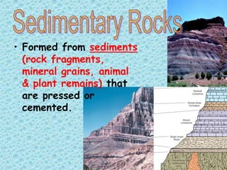 • Formed from sediments
(rock fragments,
mineral grains, animal
& plant remains) that
are pressed or
cemented.

 