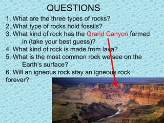 QUESTIONS
1. What are the three types of rocks?
2. What type of rocks hold fossils?
3. What kind of rock has the Grand Canyon formed
in (take your best guess)?
4. What kind of rock is made from lava?
5. What is the most common rock we see on the
Earth’s surface?
6. Will an igneous rock stay an igneous rock
forever?

 