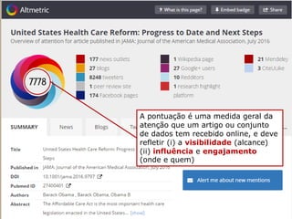 A pontuação é uma medida geral da
atenção que um artigo ou conjunto
de dados tem recebido online, e deve
refletir (i) a visibilidade (alcance)
(ii) influência e engajamento
(onde e quem)
 