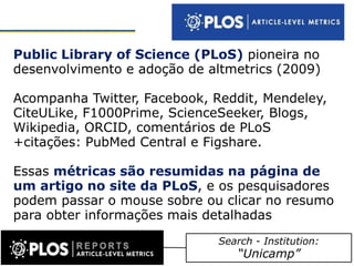 Public Library of Science (PLoS) pioneira no
desenvolvimento e adoção de altmetrics (2009)
Acompanha Twitter, Facebook, Reddit, Mendeley,
CiteULike, F1000Prime, ScienceSeeker, Blogs,
Wikipedia, ORCID, comentários de PLoS
+citações: PubMed Central e Figshare.
Essas métricas são resumidas na página de
um artigo no site da PLoS, e os pesquisadores
podem passar o mouse sobre ou clicar no resumo
para obter informações mais detalhadas
Search - Institution:
“Unicamp”
 