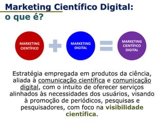 Estratégia empregada em produtos da ciência,
aliada à comunicação científica e comunicação
digital, com o intuito de oferecer serviços
alinhados às necessidades dos usuários, visando
à promoção de periódicos, pesquisas e
pesquisadores, com foco na visibilidade
científica.
MARKETING
CIENTÍFICO
MARKETING
DIGITAL
MARKETING
CIENTÍFICO
DIGITAL
Marketing Científico Digital:
o que é?
 
