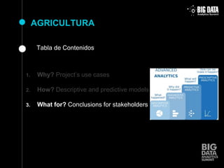 AGRICULTURA
¿Tabla de Contenidos
1. Why? Project’s use cases
2. How? Descriptive and predictive models
3. What for? Conclu...