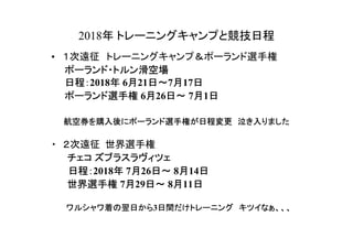 2018年 トレーニングキャンプと競技日程
• １次遠征　トレーニングキャンプ＆ポーランド選手権
　　ポーランド・トルン滑空場
　　日程：2018年 6月21日～7月17日
　　ポーランド選手権 6月26日～ 7月1日
　　
・　２次遠征 世界選手権　
　　 チェコ ズブラスラヴィツェ
　日程：2018年 7月26日～ 8月14日
　　 世界選手権 7月29日～ 8月11日
航空券を購入後にポーランド選手権が日程変更　泣き入りました
ワルシャワ着の翌日から3日間だけトレーニング　キツイなぁ、、、
 