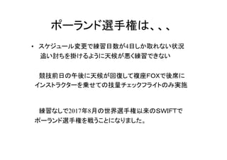 ポーランド選手権は、、、
• スケジュール変更で練習日数が4日しか取れない状況
　　追い討ちを掛けるように天候が悪く練習できない
　競技前日の午後に天候が回復して複座ＦＯＸで後席に
インストラクターを乗せての技量チェックフライトのみ実施
　練習なしで2017年8月の世界選手権以来のＳＷＩＦＴで
ポーランド選手権を戦うことになりました。
 