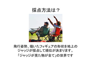 採点方法は？
飛行姿勢、描いたフィギュアの形状を地上の
ジャッジが採点して順位が決まります。
「ジャッジが見た物が全て」の世界です
 