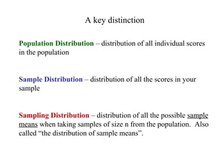 A key distinction
Population Distribution – distribution of all individual scores
in the population
Sample Distribution – distribution of all the scores in your
sample
Sampling Distribution – distribution of all the possible sample
means when taking samples of size n from the population. Also
called “the distribution of sample means”.
 