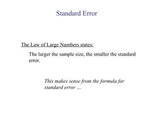 The Law of Large Numbers states:
The larger the sample size, the smaller the standard
error.
Standard Error
This makes sense from the formula for
standard error …
 