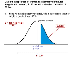 0 0.24
Given the population of women has normally distributed
weights with a mean of 143 lbs and a standard deviation of
29 lbs,
1. if one woman is randomly selected, find the probability that her
weight is greater than 150 lbs.
0.4052
150µ = 143
σ = 29
Population distribution
z = 150-143 = 0.24
29
 