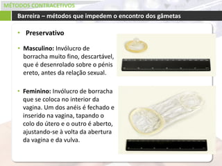 MÉTODOS CONTRACETIVOS
• Preservativo
Barreira – métodos que impedem o encontro dos gâmetas
• Feminino: Invólucro de borracha
que se coloca no interior da
vagina. Um dos anéis é fechado e
inserido na vagina, tapando o
colo do útero e o outro é aberto,
ajustando-se à volta da abertura
da vagina e da vulva.
• Masculino: Invólucro de
borracha muito fino, descartável,
que é desenrolado sobre o pénis
ereto, antes da relação sexual.
 