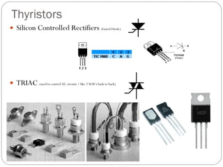 Thyristors Silicon Controlled Rectifiers  (Gated Diode) TRIAC  (used to control AC circuits / like 2 SCR’s back to back) 