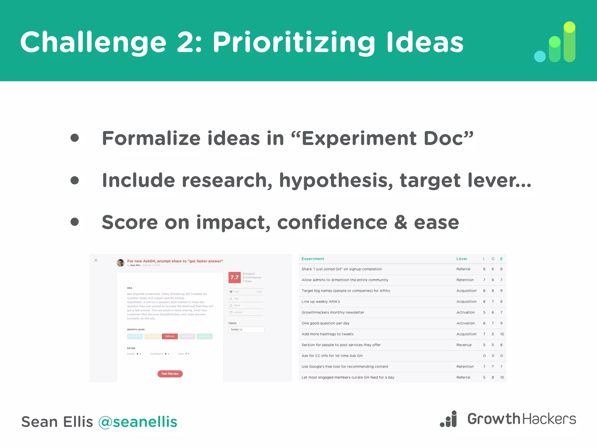 Sean Ellis @seanellis
Challenge 2: Prioritizing Ideas
Formalize ideas in “Experiment Doc”
Include research, hypothesis, target lever...
Score on impact, confidence & ease
 