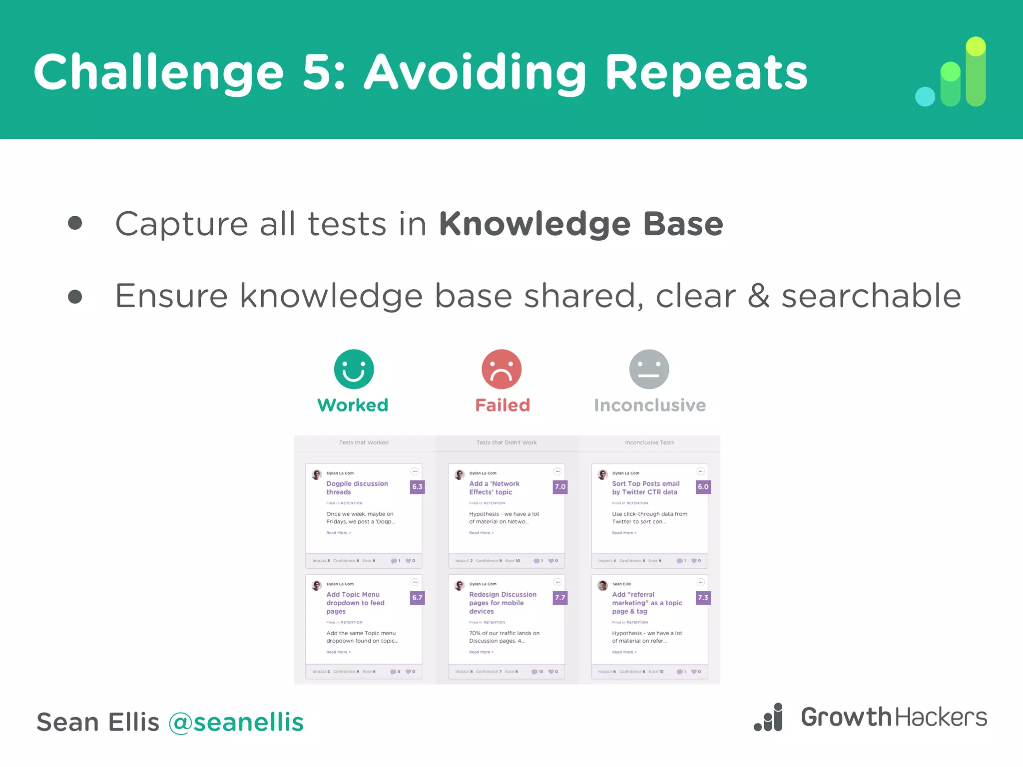 Sean Ellis @seanellis
Challenge 5: Avoiding Repeats
Capture all tests in Knowledge Base
Ensure knowledge base shared, clear & searchable
Worked Failed Inconclusive
 