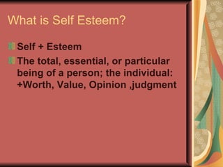 Self Esteem:  Feelings we have about   ourselves Self Esteem:  A realistic respect for or  favorable impression of one self; Self respect (Dictionary.com) Mrs.Najam-un-Nissa 