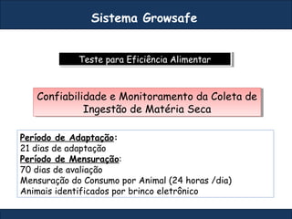 Teste para Eficiência AlimentarTeste para Eficiência Alimentar
Sistema Growsafe
Período de Adaptação:
21 dias de adaptação
Período de Mensuração:
70 dias de avaliação
Mensuração do Consumo por Animal (24 horas /dia)
Animais identificados por brinco eletrônico
Confiabilidade e Monitoramento da Coleta de
Ingestão de Matéria Seca
Confiabilidade e Monitoramento da Coleta de
Ingestão de Matéria Seca
 