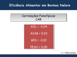 Correlações Fenotípicas
CAR
Correlações Fenotípicas
CAR
AOL = -0,04
ACAB = 0,03
GPD = -0,01
PESO = 0,00
AOL = -0,04
ACAB = 0,03
GPD = -0,01
PESO = 0,00
n = 1705 animais
Eficiência Alimentar em Bovinos Nelore
 