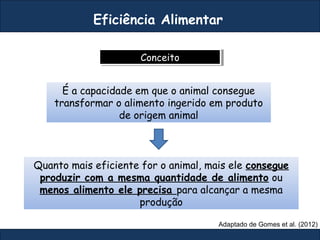 ConceitoConceito
É a capacidade em que o animal consegue
transformar o alimento ingerido em produto
de origem animal
Eficiência Alimentar
Quanto mais eficiente for o animal, mais ele consegue
produzir com a mesma quantidade de alimento ou
menos alimento ele precisa para alcançar a mesma
produção
Adaptado de Gomes et al. (2012)
 