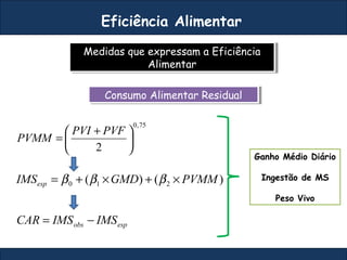 Medidas que expressam a Eficiência
Alimentar
Medidas que expressam a Eficiência
Alimentar
Eficiência Alimentar
Consumo Alimentar ResidualConsumo Alimentar Residual
75,0
2





 +
=
PVFPVI
PVMM
)()( 210 PVMMGMDIMSesp ×+×+= βββ
espobs IMSIMSCAR −=
Ganho Médio Diário
Ingestão de MS
Peso Vivo
 
