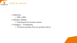 Saída de sensores
Eletrônica
PNP e NPN
Mecânica (Relés)
Chaveamento de correntes maiores
Analógica  Transdutores
Convertem grandeza física em grandeza elétrica
25 / 67
 