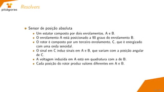 Resolvers
Sensor de posição absoluta
Um estator composto por dois enrolamentos, A e B.
O enrolamento A está posicionado a 90 graus do enrolamento B.
O rotor é composto por um terceiro enrolamento, C, que é energizado
com uma onda senoidal.
O sinal em C induz sinais em A e B, que variam com a posição angular
de C.
A voltagem induzida em A está em quadratura com a de B.
Cada posição do rotor produz valores diferentes em A e B.
62 / 67
 