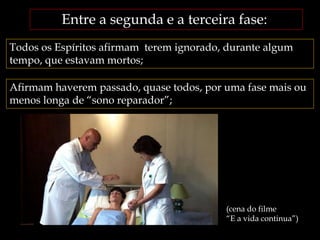 Todos os Espíritos afirmam terem ignorado, durante algum
tempo, que estavam mortos;
Afirmam haverem passado, quase todos, por uma fase mais ou
menos longa de “sono reparador”;
Entre a segunda e a terceira fase:
(cena do filme
“E a vida continua”)
 