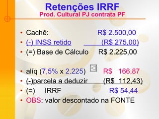 Retenções IRRF Prod. Cultural PJ contrata PF Cachê:    R$ 2.500,00 (-) INSS retido   (R$ 275,00) (=) Base de Cálculo  R$ 2.225,00 alíq ( 7,5 %  x  2.225 )  R$  166,87 (-)parcela a deduzir  (R$  112,43) (=)  IRRF      R$ 54,44   OBS : valor descontado na FONTE  