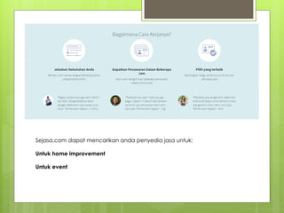 Sejasa.com dapat mencarikan anda penyedia jasa untuk:
Untuk home improvement
Untuk event
 