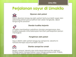 Perjalanan sayur di Limakilo
Dipanen oleh petani
Sayur dipanen langsung oleh petani tentunya lebih segar dan
sekarang petani punya pilihan lain selain tengkulak, dijual
langsung ke pasaran
Standar kualitas terjamin
Limakilo memberikan pelatihan standar pengemasan dan
kualitas kepada mitra kelompok tani.Dan pendapatan petani
meningkat.
Pengiriman oleh petani
Sayur dikirim oleh petani langsung sampai ke Jakarta ini
rahasia kenapa sayurnya lebih murah
Diantar sampai ke rumah
Begitu sampai Jakarta dan kota besar lainnya tim delivery
limakilo akan mengantarkan sayur langsung kerumah. Praktis,
dan 2016 adalah jamannya belanja online
Lima Kilo
 