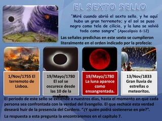 1/Nov/1755 El
terremoto de
Lisboa.
19/Mayo/1780
El sol se
oscurece desde
las 10 de la
mañana.
19/Mayo/1780
La luna aparece
como
ensangrentada.
13/Nov/1833
Gran lluvia de
estrellas o
meteoritos.
El periodo de este sello se extiende a nuestros días, hasta el momento en que cada
persona sea confrontada con la verdad del Evangelio. El que rechace esta verdad
deseará huir de la presencia del Cordero. “¿Y quién podrá sostenerse en pie?”.
La respuesta a esta pregunta la encontraremos en el capítulo 7.
Las señales predichas en este sexto se cumplieron
literalmente en el orden indicado por la profecía:
 