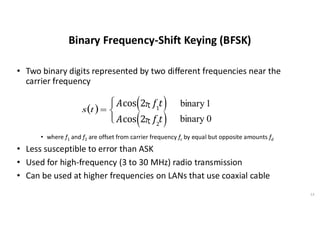 Binary Frequency-Shift Keying (BFSK)
• Two binary digits represented by two different frequencies near the
carrier frequency
• where f1 and f2 are offset from carrier frequency fc by equal but opposite amounts fd
• Less susceptible to error than ASK
• Used for high-frequency (3 to 30 MHz) radio transmission
• Can be used at higher frequencies on LANs that use coaxial cable
13
( )





=
t
s
Acos 2p f1
t
( )
Acos 2p f2
t
( )
1
binary
0
binary
 