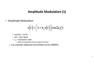 Amplitude Modulation (1)
• Amplitude Modulation
• cos2πfct = carrier
• x(t) = input signal
• na = modulation index
– Ratio of amplitude of input signal to carrier
– a.k.a double sideband transmitted carrier (DSBTC)
29
s t
( )= 1+na
x t
( )
é
ë
ù
ûcos2p fc
t
 